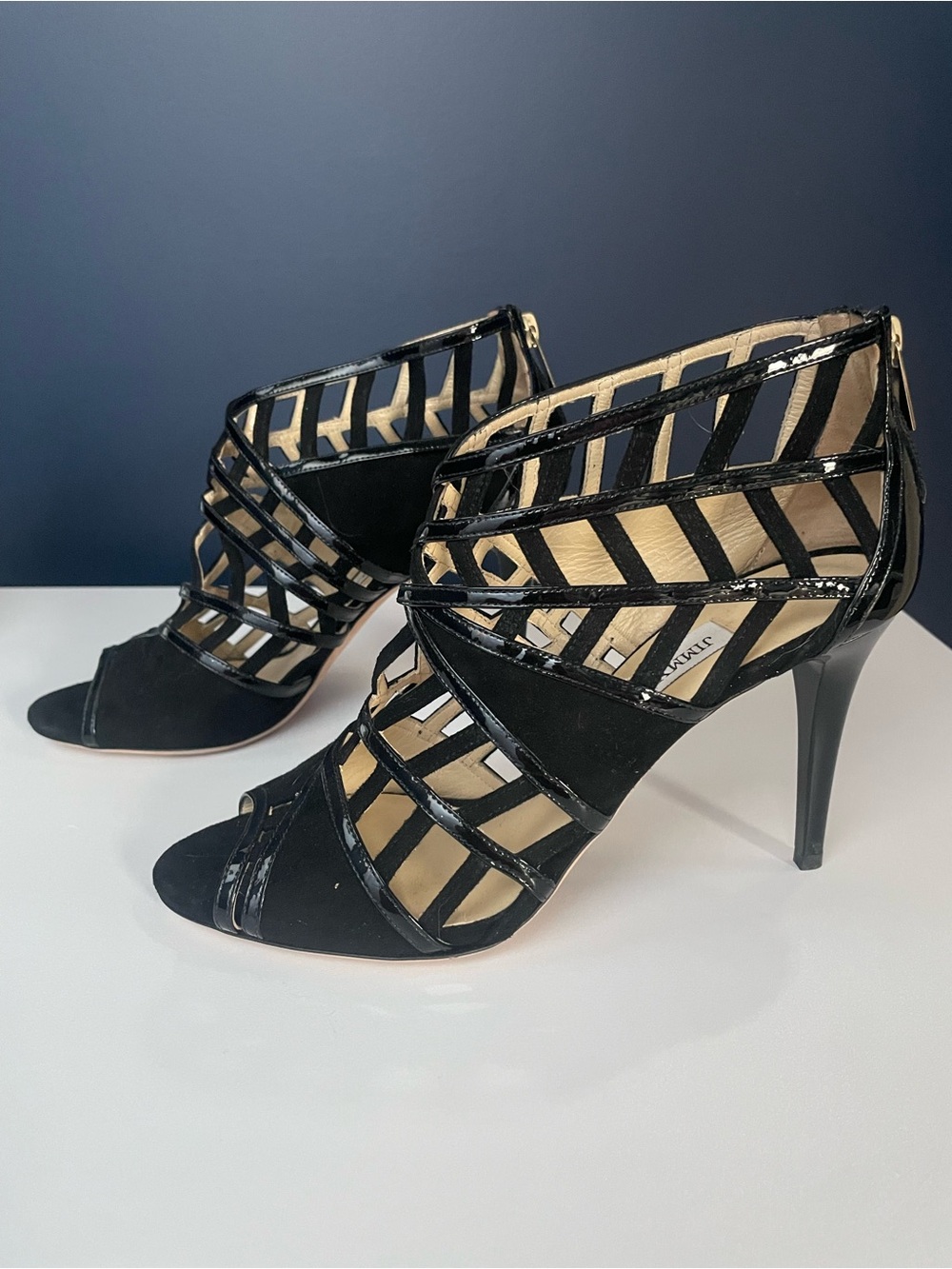 Jimmy Choo Black Cage Strappy Peep-Toe Heels (size 39.5)